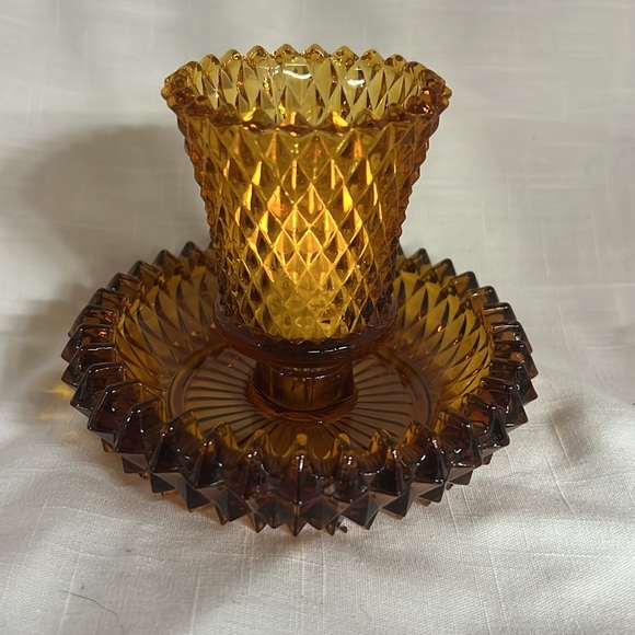 Vintage Indiana Glass Diamond Point Amber Candle Votive Candlestick Holder - Picture 2 of 6